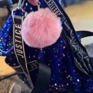 Blue sequence duffle bag with pink puff